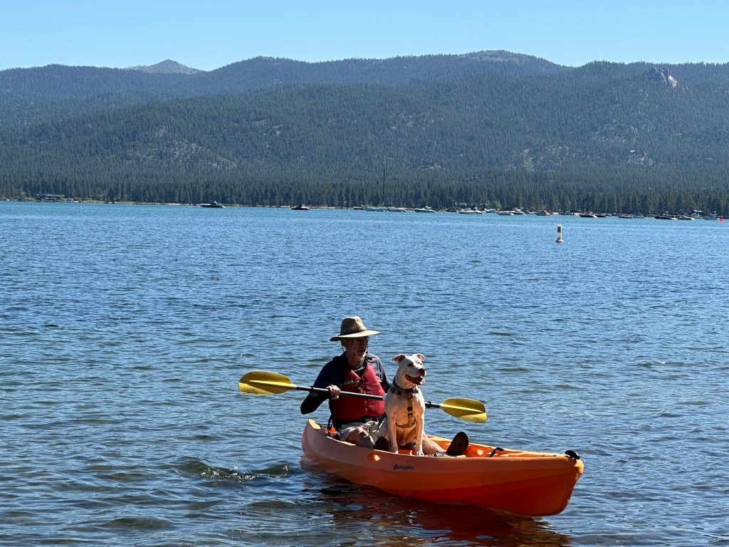 Daniel and Peter in a kayak in Lake Tahoe, California. Picture by Happy Vegan Campers.