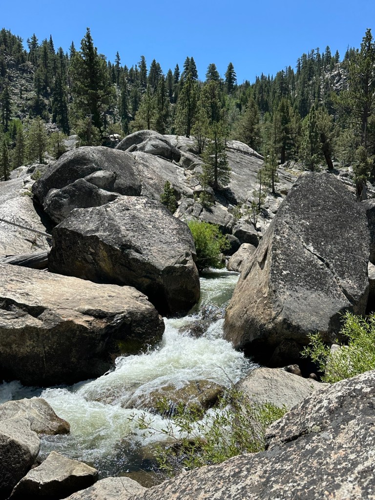 Rushing water in Stanislaus National Forest, California. Picture by Happy Vegan Campers.