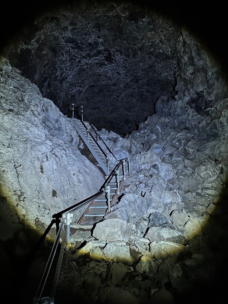 Stairs in Skull Cave at Lava Beds National Monument in Tulelake, California. Picture by Happy Vegan Campers.