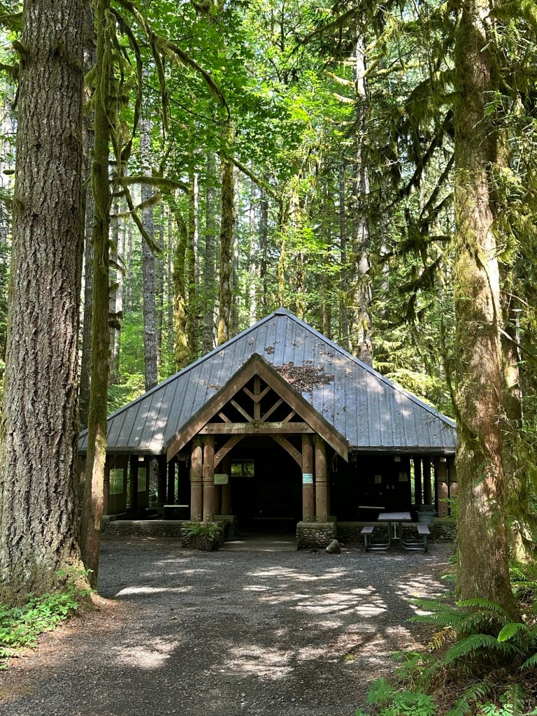 Pavilion at Wildwood Recreation Site in Welches, Oregon. Picture by Happy Vegan Campers.
