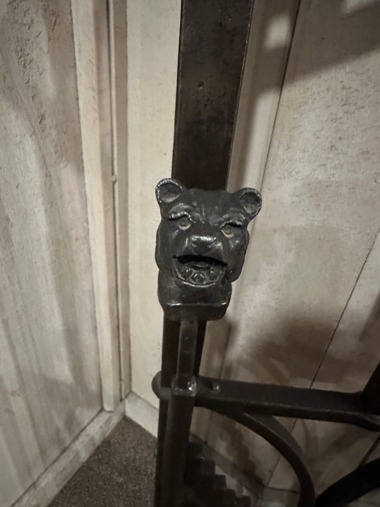 Metal bear on railing at Timberline Lodge in Government Camp, Oregon. Picture by Happy Vegan Campers.