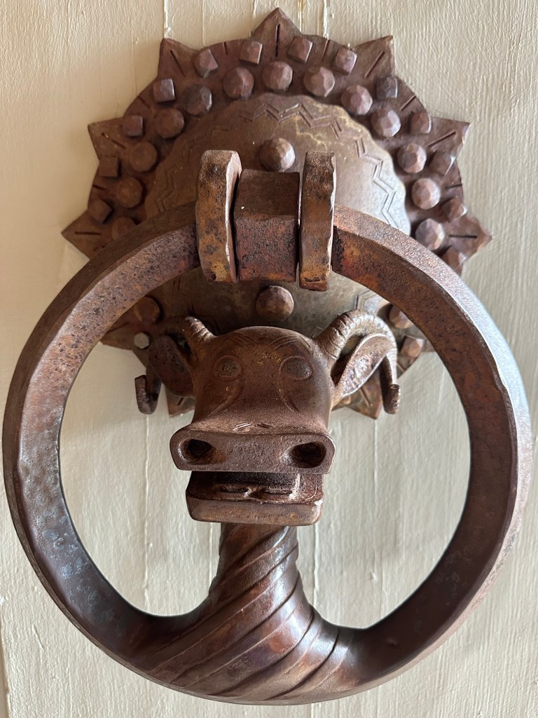 Metal animal door pull at Timberline Lodge in Government Camp, Oregon. Picture by Happy Vegan Campers.