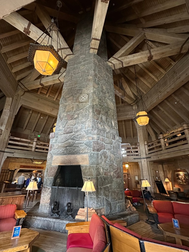 Three story fireplace at Timberline Lodge in Government Camp, Oregon. Picture by Happy Vegan Campers.