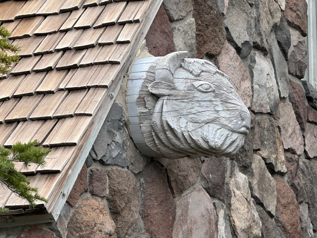 Carved wood buffalo head at Timberline Lodge in Government Camp, Oregon. Picture by Happy Vegan Campers.