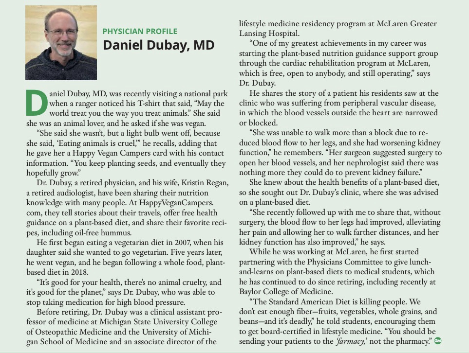 Profile of Daniel Dubay, MD in Physicians Committee for Responsible Medicine, Good Medicine.