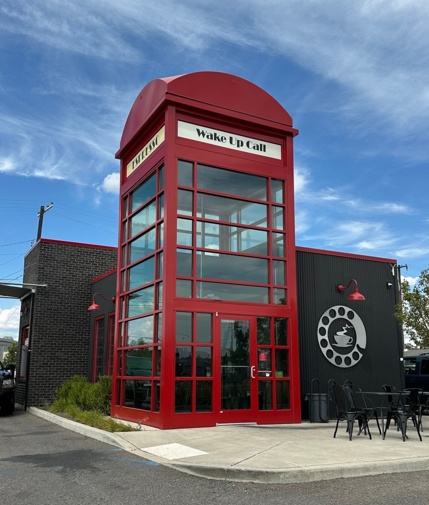 Giant phone booth at a coffee shop in Spokane, Washington. Picture by Happy Vegan Campers.