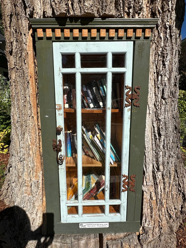 Little Library built in tree trunk in Coeur d'Alene, Idaho. Picture by Happy Vegan Campers.