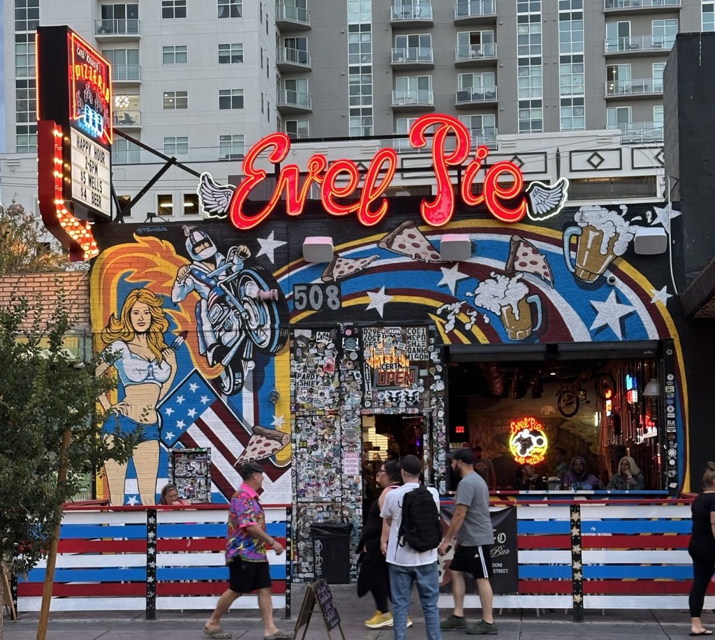 Lighted Vegas sign near Fremont St in Las Vegas, Nevada. Picture by Happy Vegan Campers.