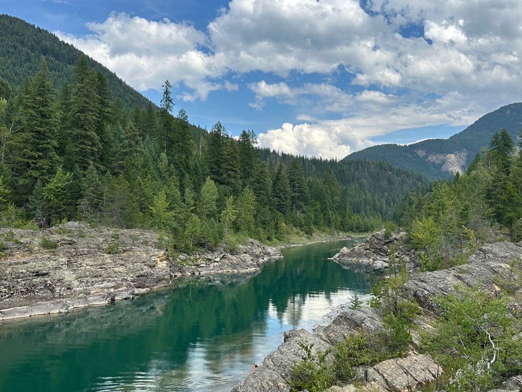 Middle Fork Flathead River by Glacier National Park in Montana. Picture by Happy Vegan Campers.