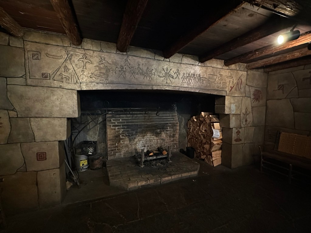 Fireplace at Lake McDonald Lodge in Glacier National Park in Montana. Picture by Happy Vegan Campers.