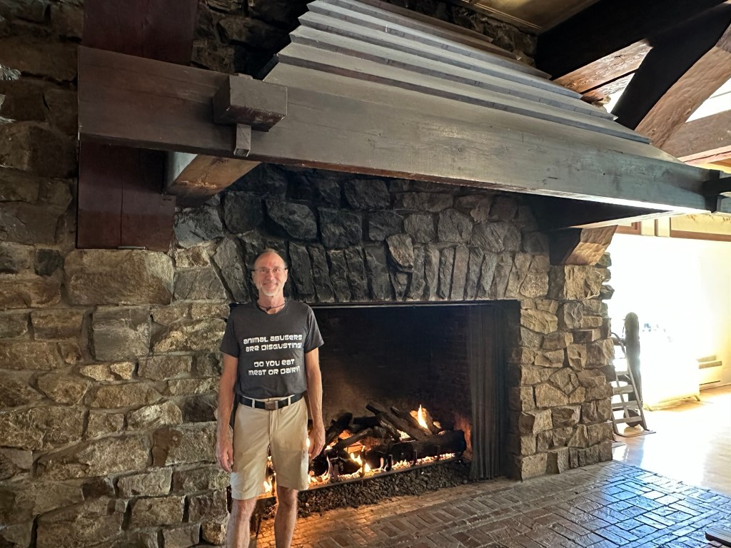Daniel by fireplace at Glacier Park Lodge in East Glacier Park, Montana, USA. Picture by Happy Vegan Campers.