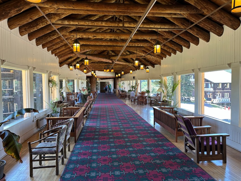 Enclosed deck at Glacier Park Lodge in East Glacier Park, Montana, USA. Picture by Happy Vegan Campers.
