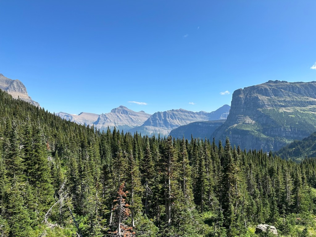View of mountains from Going-To-The-Sun Road in Glacier National Park in Montana, USA. Picture by Happy Vegan Campers.