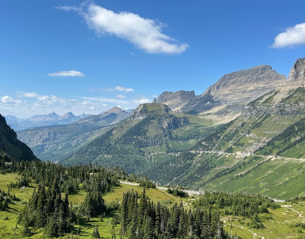 View of mountains from Going-To-The-Sun Road in Glacier National Park in Montana, USA. Picture by Happy Vegan Campers.