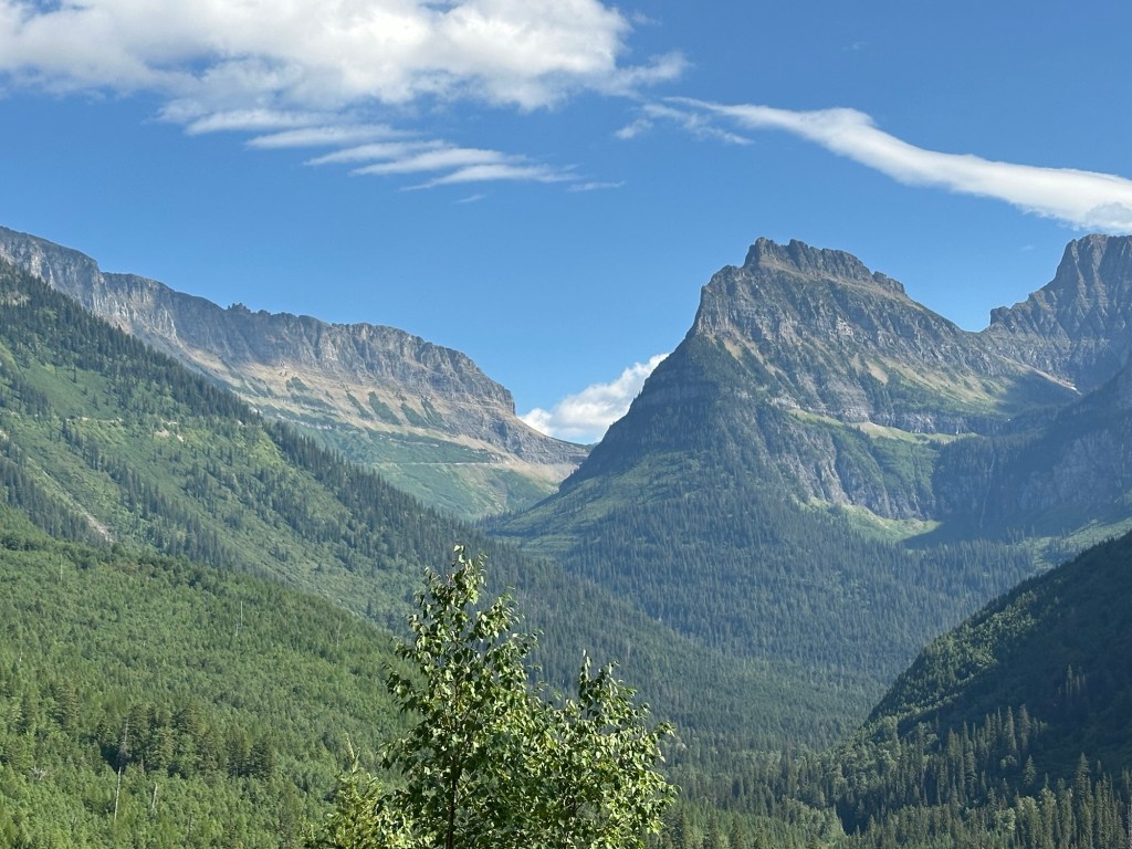 View of mountains from Going-To-The-Sun Road in Glacier National Park in Montana, USA. Picture by Happy Vegan Campers.