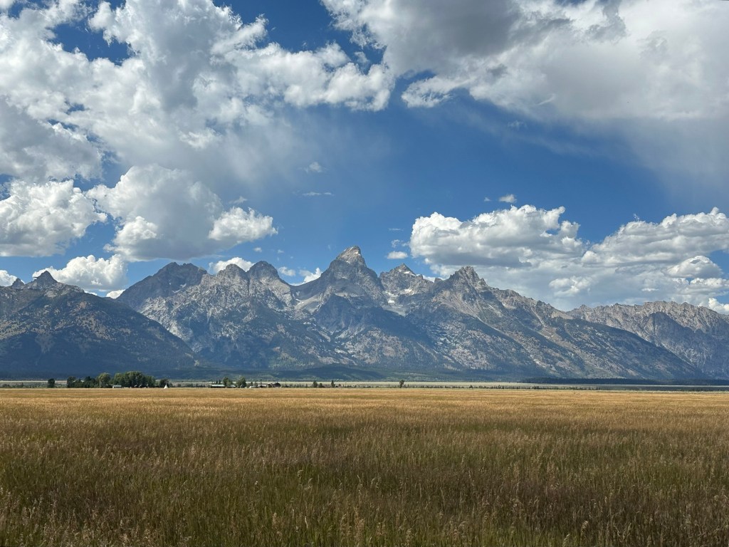 View of mountains from Mormon Row in Jackson Hole, Wyoming, USA.