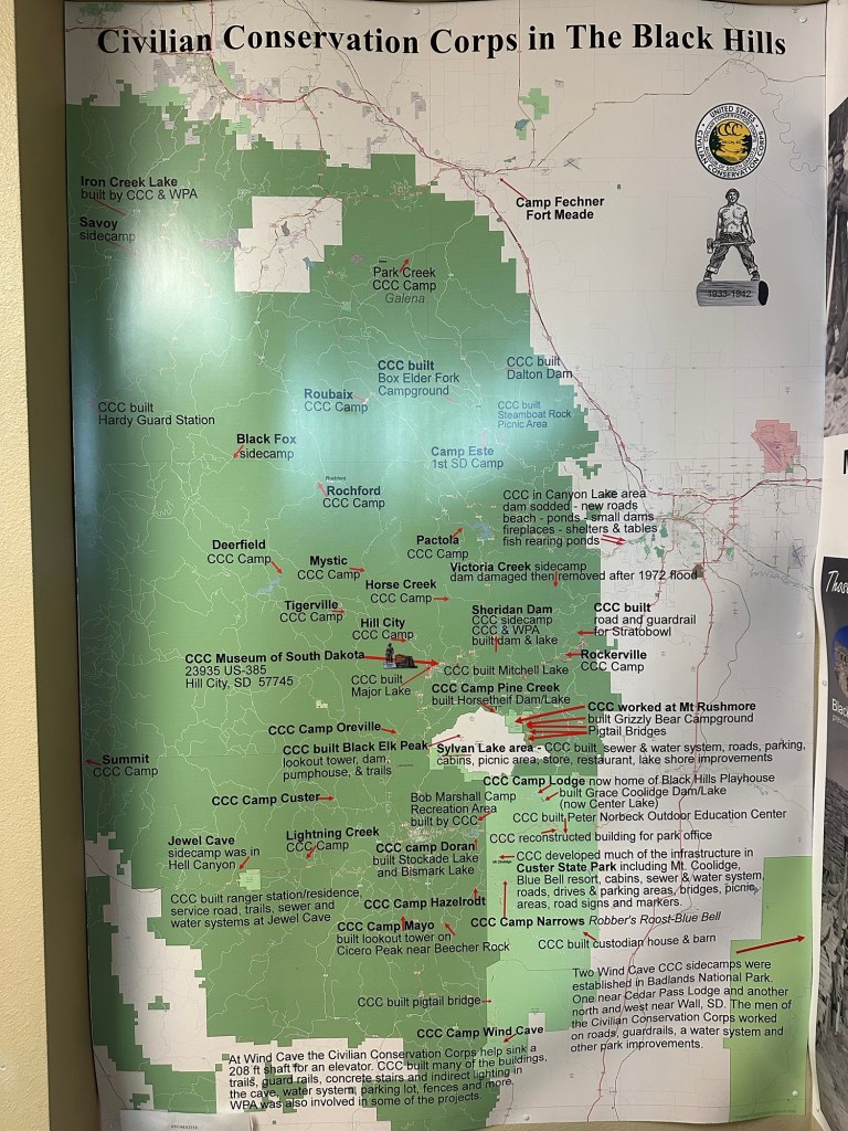 Map of Civilian Conservation Corps work in the Black Hills of South Dakota at the CCC Museum in Hill City, South Dakota, USA.