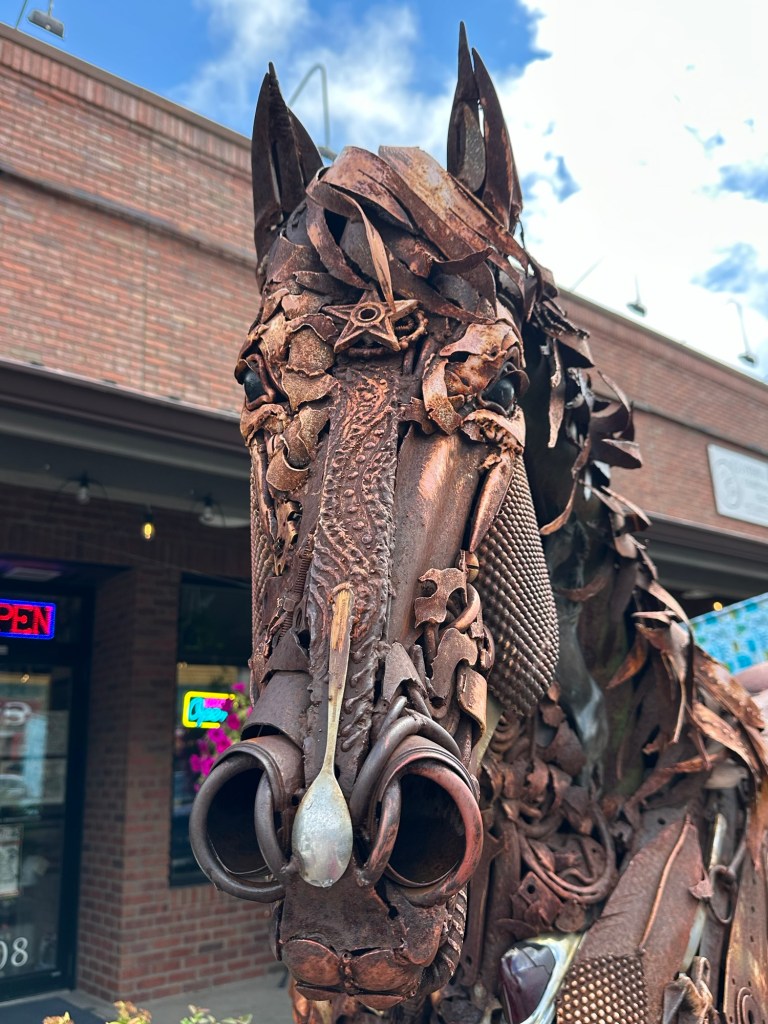 Metal horse sculpture in Hill City, South Dakota, USA.