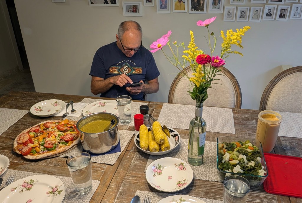 Larry’s dinner table full of good homemade food in Crown Point, Indiana, USA.