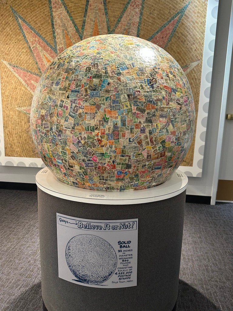World’s Largest Ball of Stamps at Boys Town in Boys Town, Nebraska, USA.