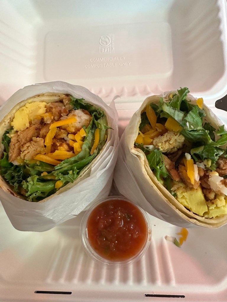 Breakfast burrito at Veg.Edible in Omaha, Nebraska, USA.