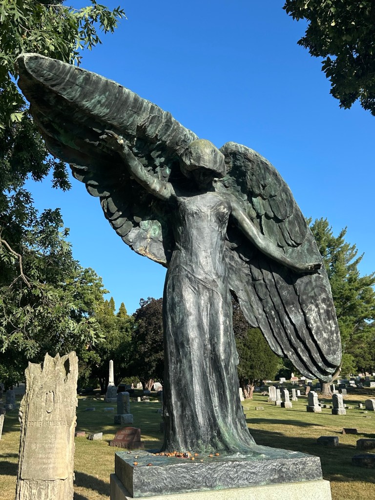 The Black Angel in Oakland Cemetery in Iowa City, Iowa, USA.