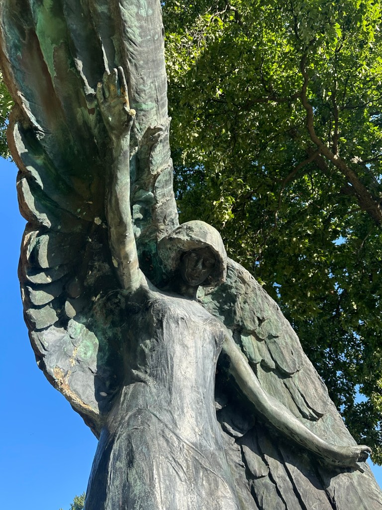 The Black Angel in Oakland Cemetery in Iowa City, Iowa, USA.