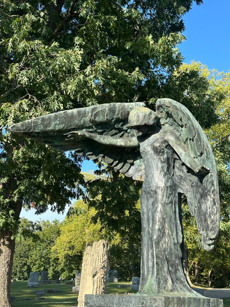 The Black Angel in Oakland Cemetery in Iowa City, Iowa, USA.