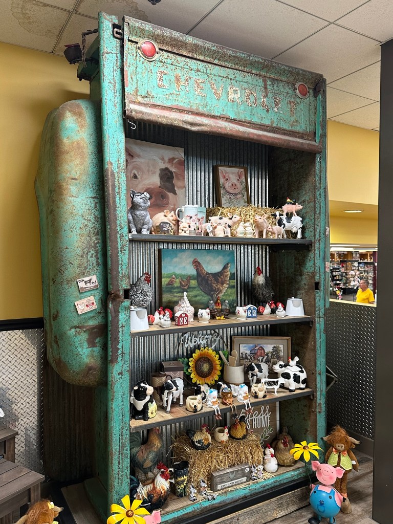 Old truck bed turned into bookcase at World’s Largest Truck Stop in Walcott, Iowa, USA.