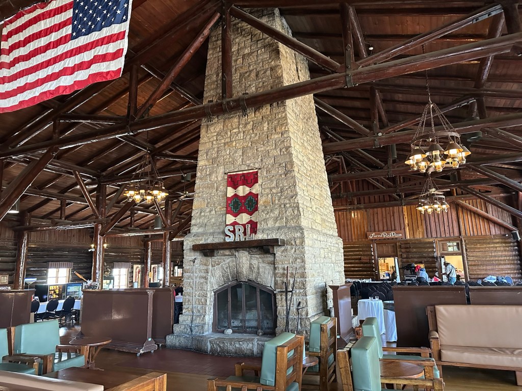 Fireplace and seating area at Starved Rock Lodge in Starved Rock State Park in Oglesby, Illinois, USA.