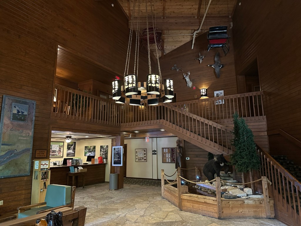 Lobby and staircase at Starved Rock Lodge in Starved Rock State Park in Oglesby, Illinois, USA.