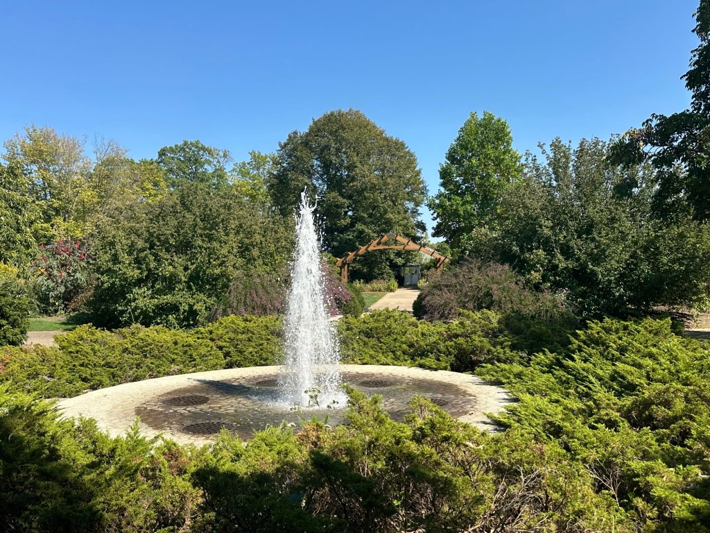 Fountain and garden at Luthy Botanical Garden in Peoria, Illinois, USA.