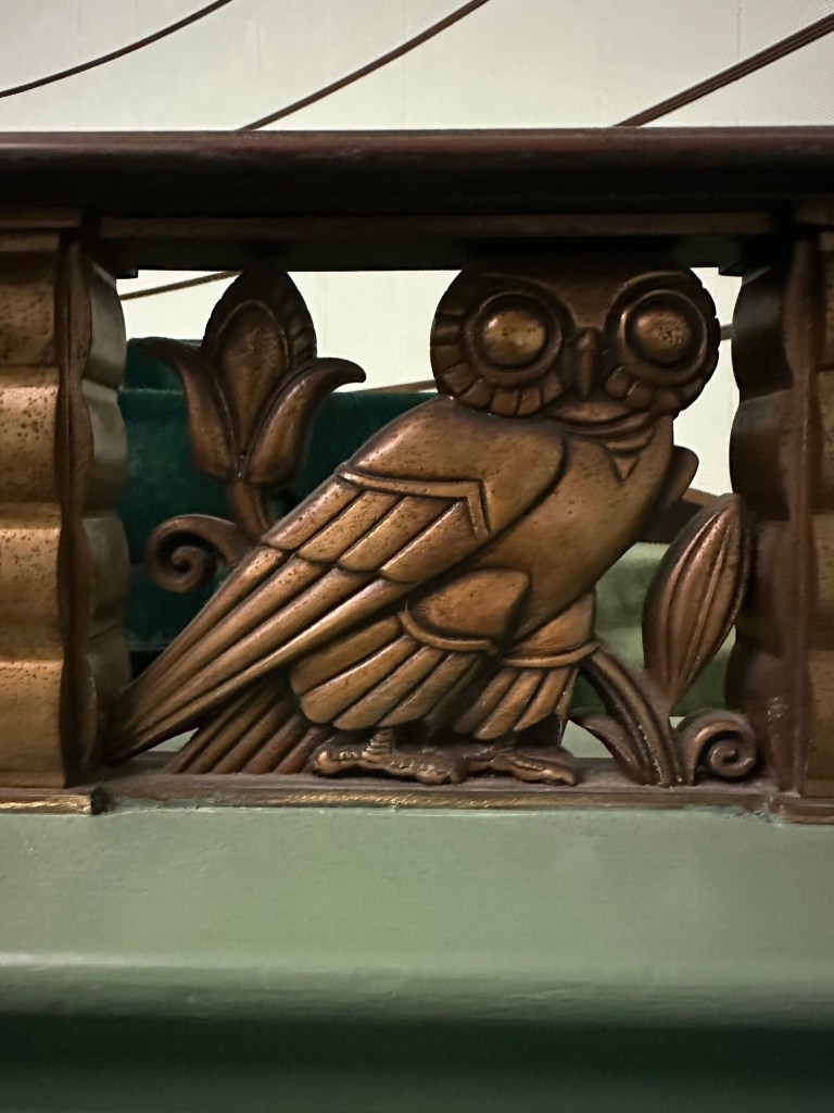 Owl artwork at Rackham Auditorium at University of Michigan in Ann Arbor, Michigan, USA