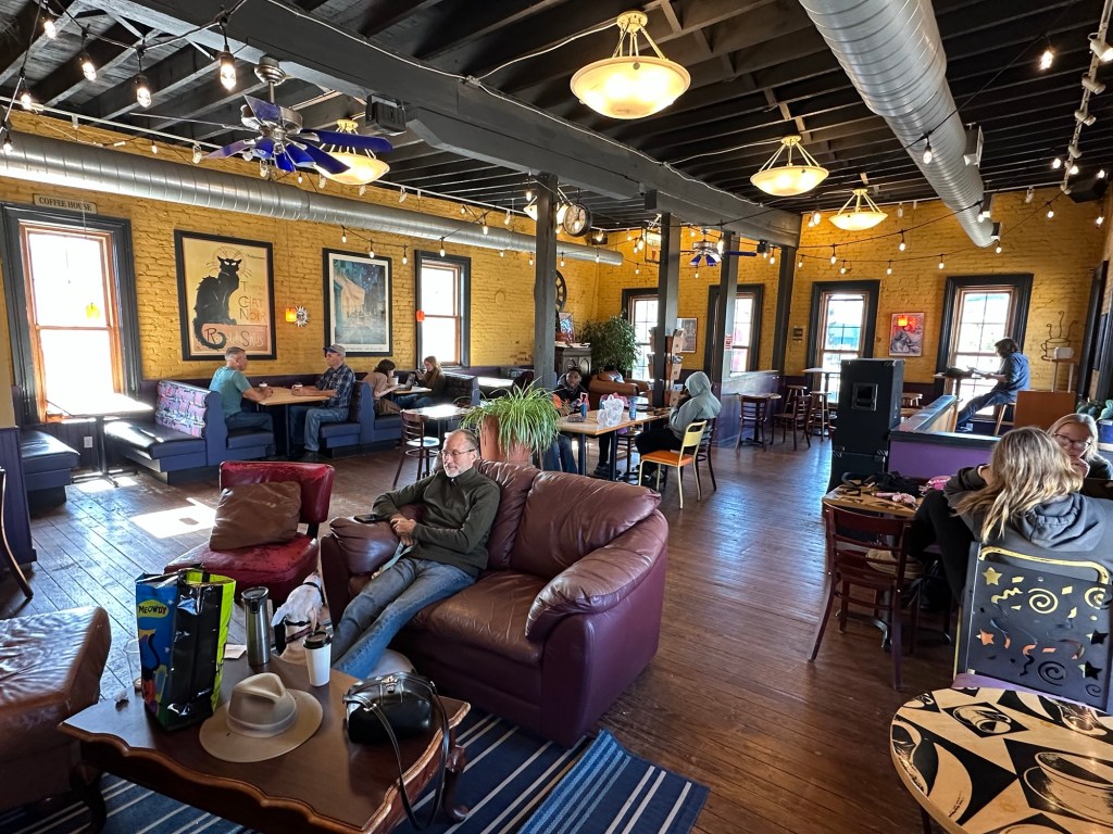 Cozy seating area upstairs at Jackson Coffee Co in Jackson, Michigan, USA.
