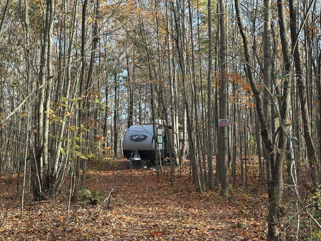Camper in woods in Dunlap, Tennessee, USA.