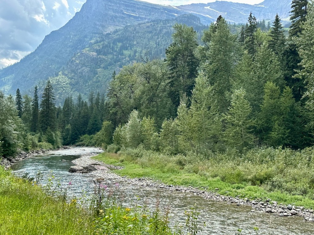 River and mountain in Glacier National Park in Montana. Picture by Happy Vegan Campers.