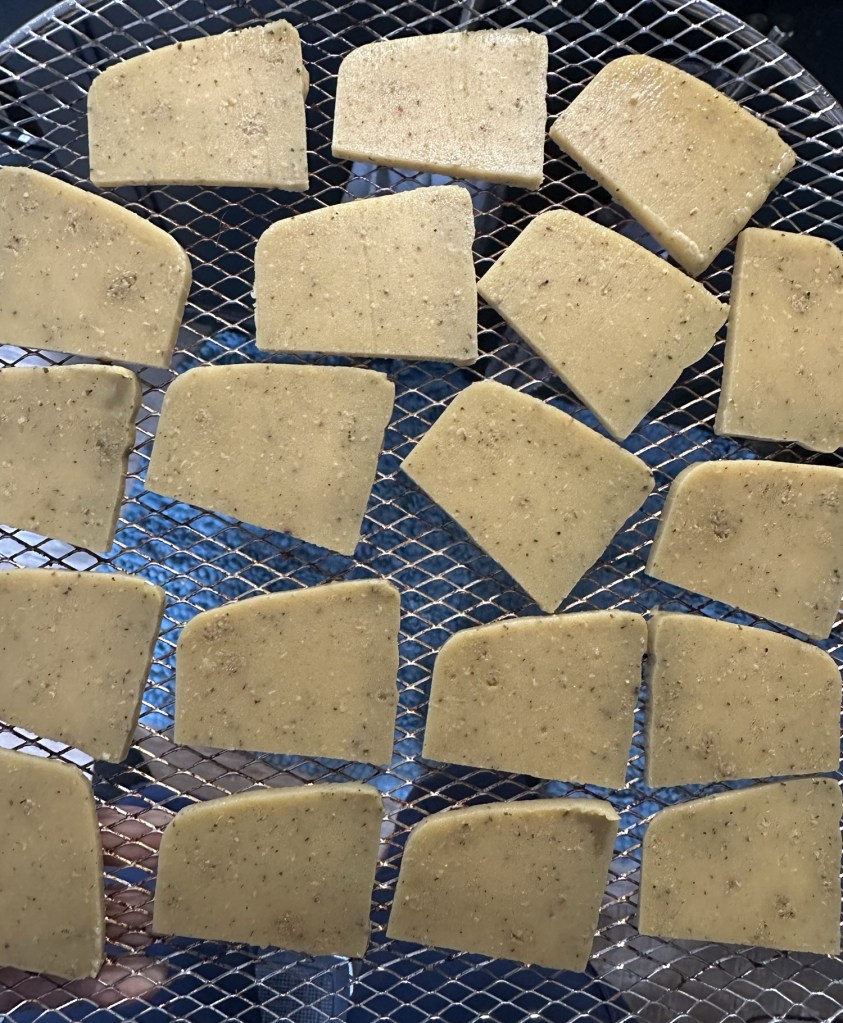 Lentil mixture sliced and ready to be baked for lentil crackers.