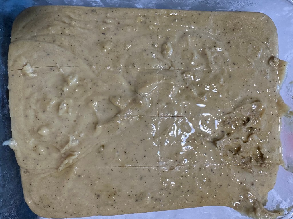 Refrigerated lentil mixture ready to be sliced and baked for lentil crackers.